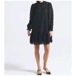 NWT J.Crew Ruffleneck Lace Dress in Black XS